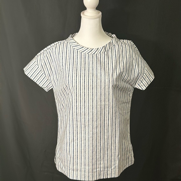 blumelange cashmere Tops - White and Blue Striped short Sleeve Blouse (made in Italy)